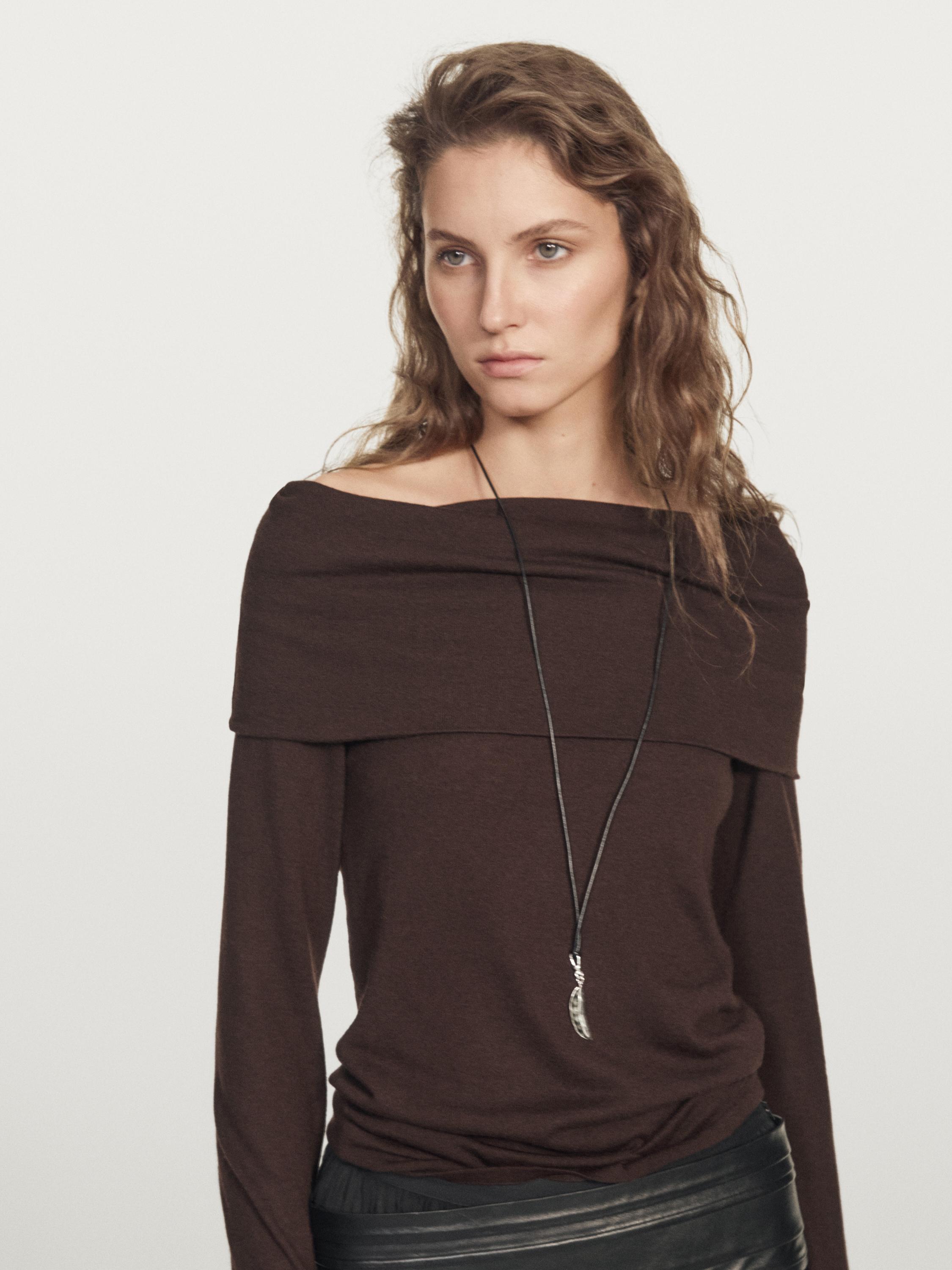 Knit wool blend off-the-shoulder sweater